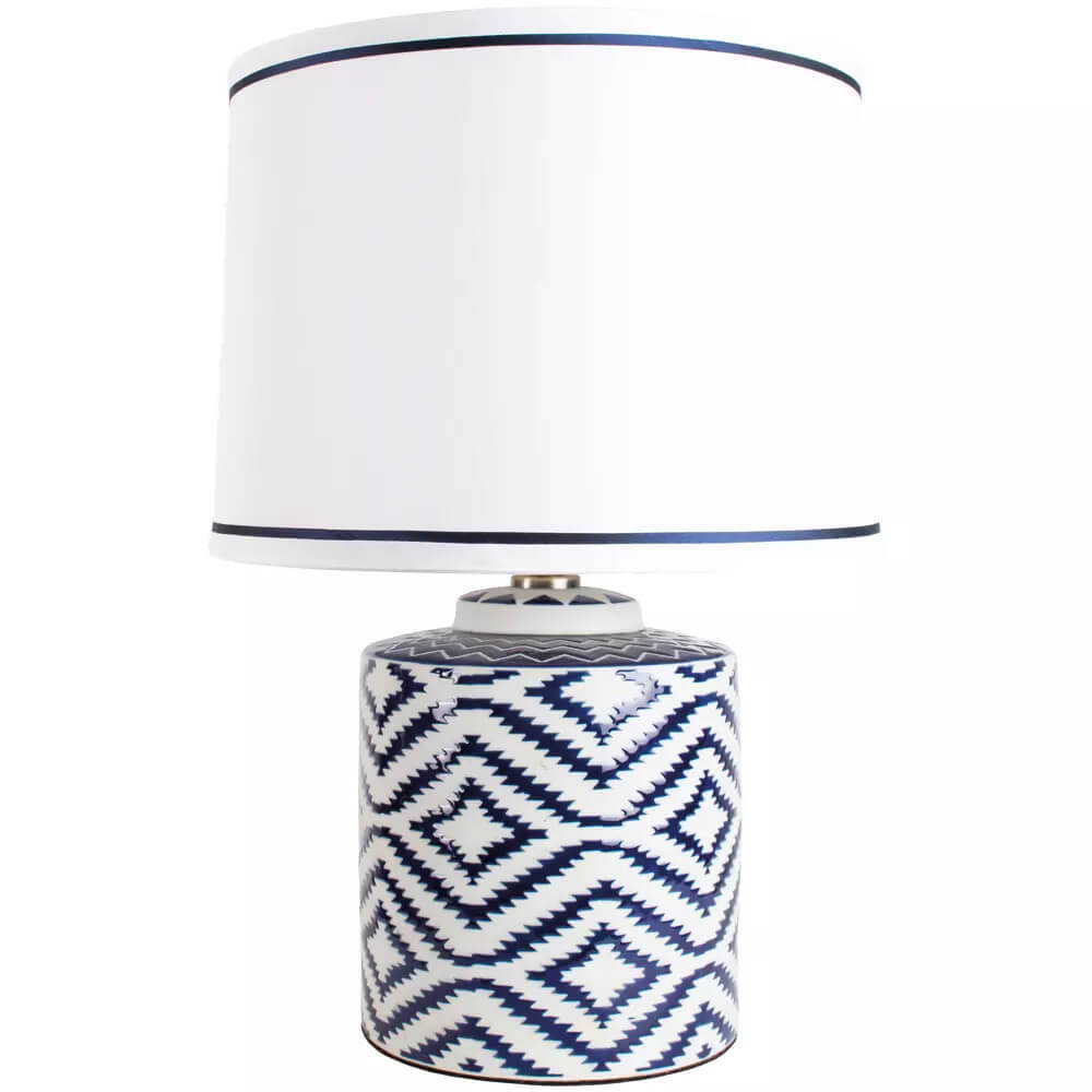 Grand Illusions Ceramic Lamp Ikat Blue with White Shade